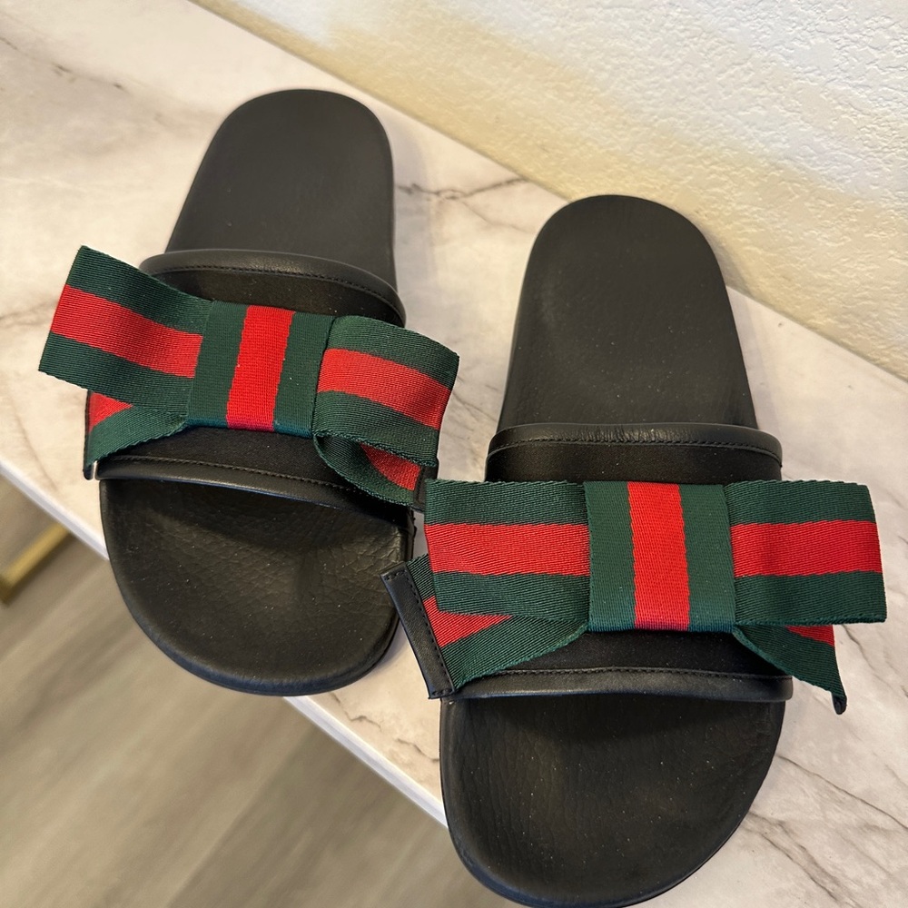 Gucci Black Slides with Green and Red Accent